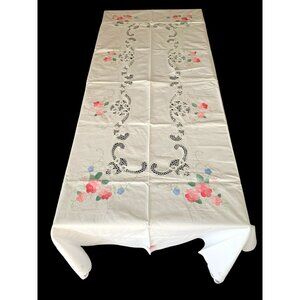 White Tablecloth & 12 Napkins Set With Battenbury Lace Floral Appliqué Vintage